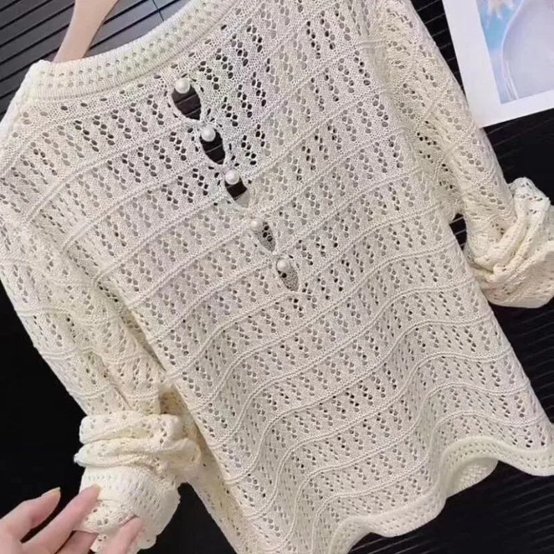 All Match Euramericanthin Knitted Hollow Out Pullover Fashion Backless Pearl Design Shirts Elegant Simple Clothes