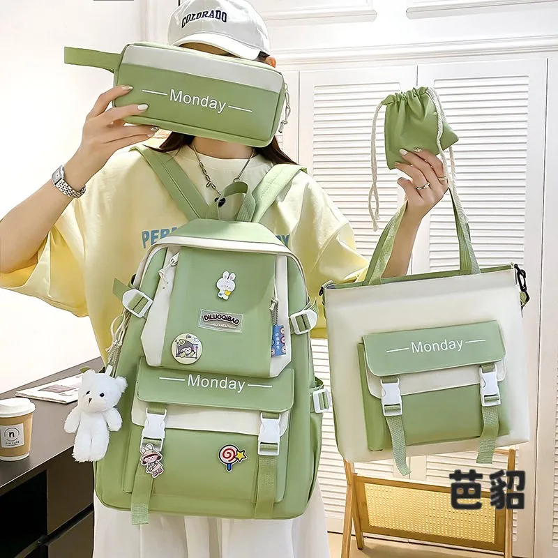 New Four-Piece Set School Bags Women's Versatile Elementary And Middle School Students Backpack Handbag Fashionable Color Blo...