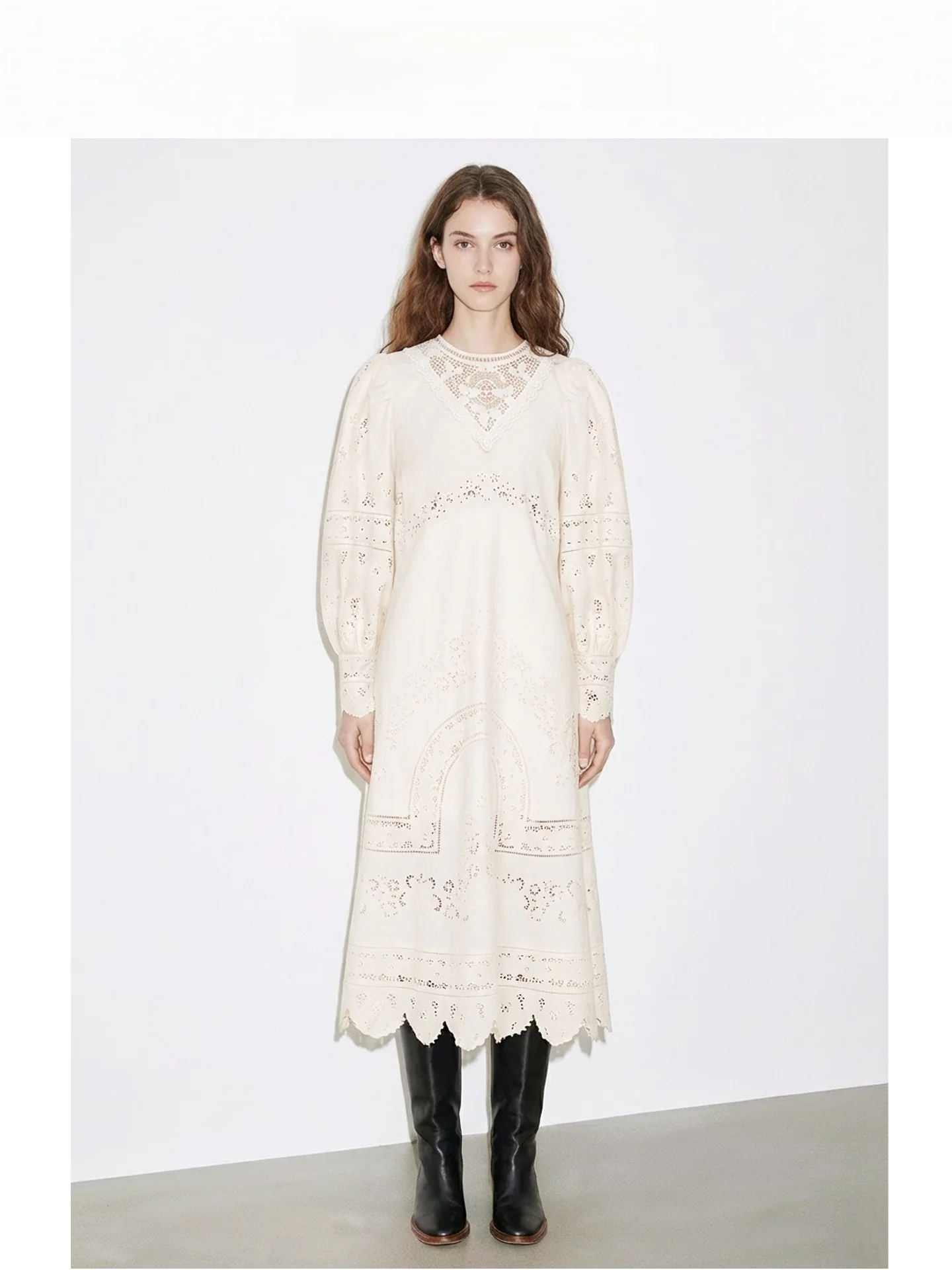 

Французское кружевное платье с вышивкой, ажурное, с длинными рукавами-фонариками, с завышенной талией, женское, А-силуэт, с круглым вырезом