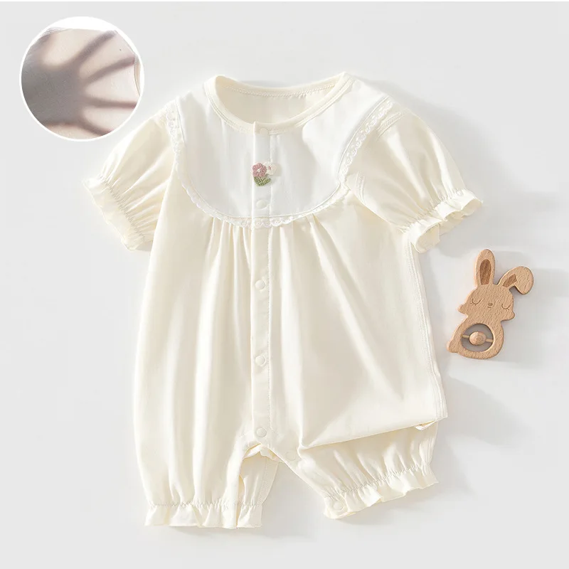ZOETOPKID Summer Baby Clothes Lightweight Short-Sleeve Curled Cuffs Rompers Newborn Girls Floral Embroidery Breathable Jumpsuit