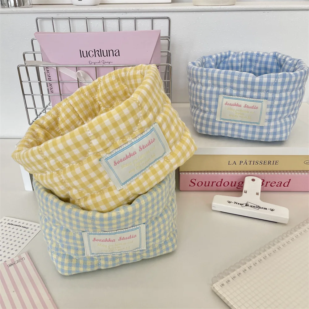 1pc Classic Checkered Storage Basket Desktop Sundries Basket Storage Box Cosmetic Organizer Underwear Socks Clothes Storagebag