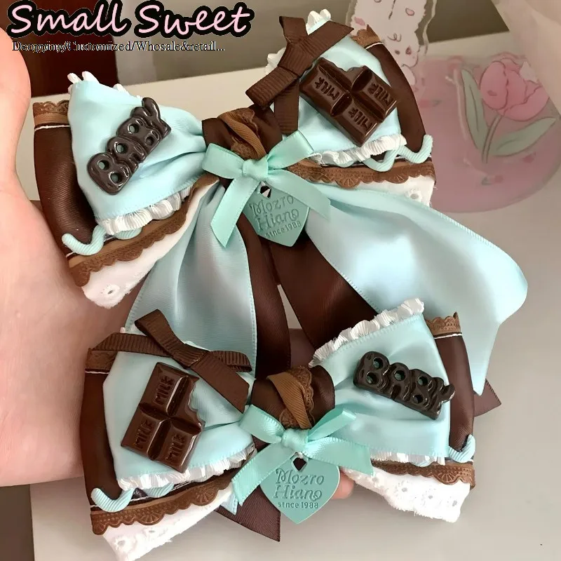 Kawaii Girl Lolita Mint Green Chocolate Hime Style Lace Hand Cuffs Hair Clips Subculture Maid Bow Barrette Cosplay Hairband