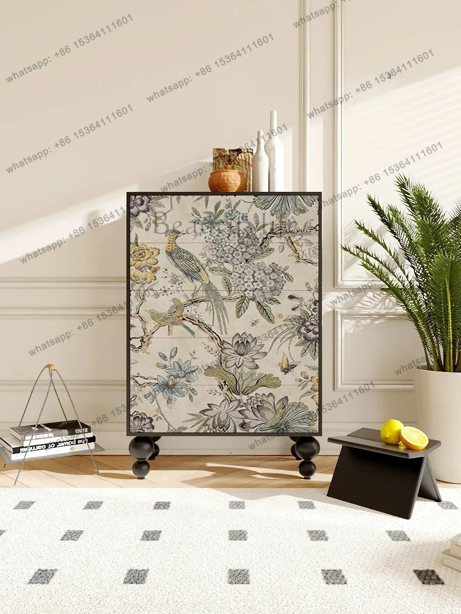 56French retro style solid wood chest cabinet household living room bedroom wall art painted flower and bird decorative cabinet