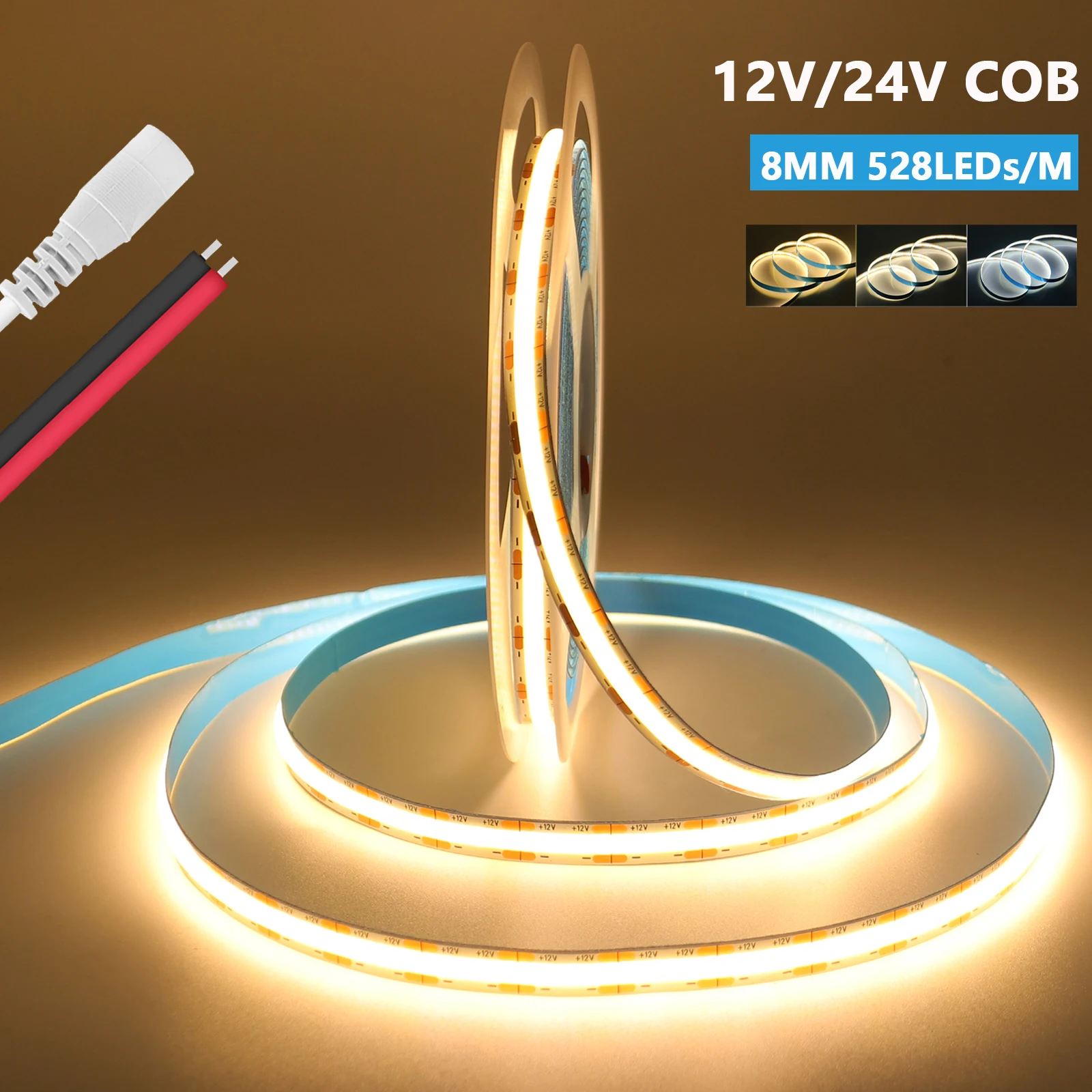528LED/m COB LED Strip Light 12V 24V Flexible Tape 3000k Warm Natural White with DC Plug/2pin Wire High Density Linear Lighting
