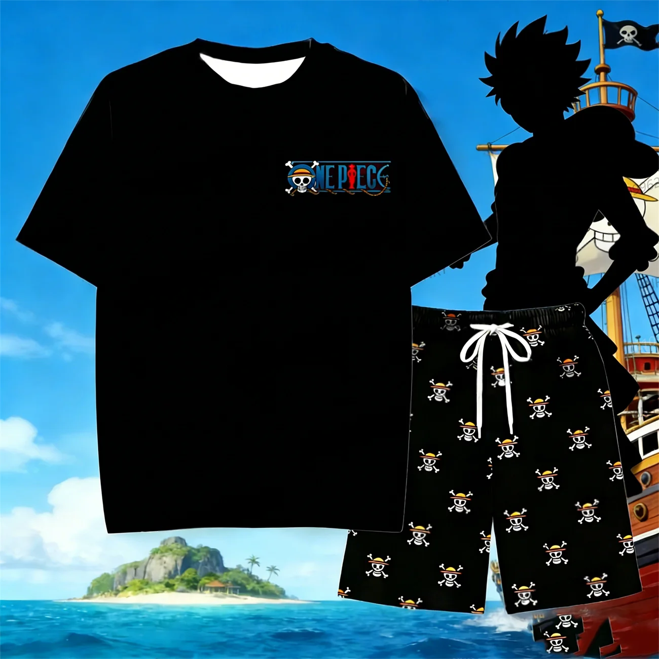 One Piece Luffy Pajama Set Anime Skull Character Sleepwear Soft Short Sleeve T-Shirt and Shorts for Men Women Summer Set