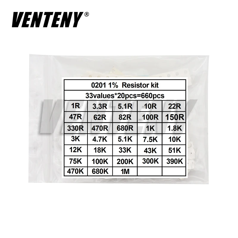 Kit assorti de résistances à puce SMD 660 pièces/lot 0603 0805 1206 0402 0201 1% 1R - 1M ohm 33valuesX20pcs, ensemble d'échantillons de résistance