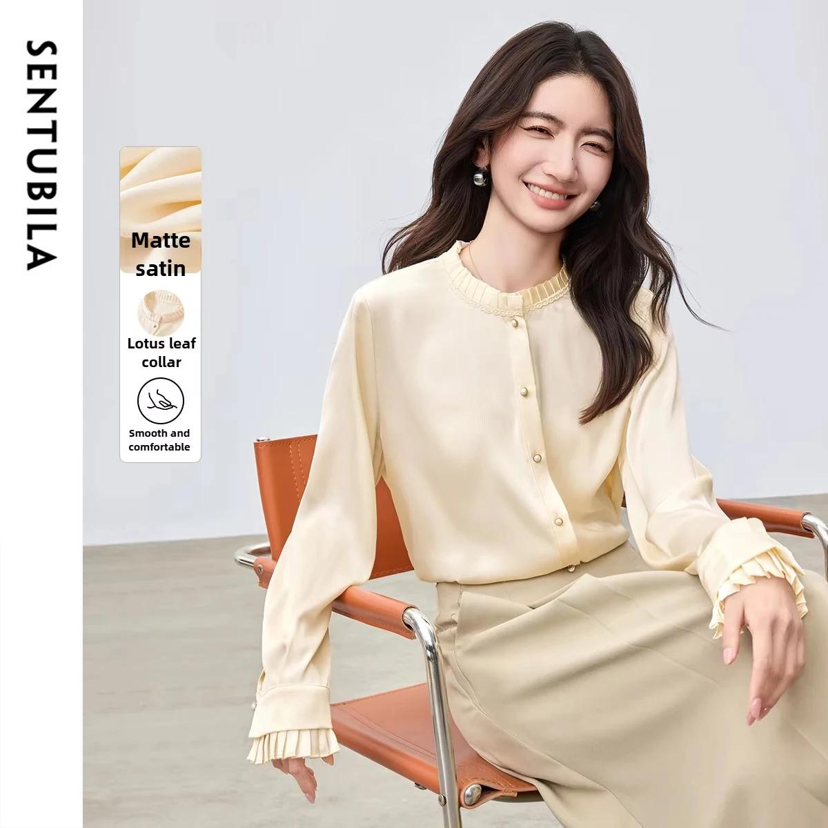 SENTUBILA قميص نسائي أنيق للتنقل 2025 خريف جديد مكتب سيدة بلوزة بلون فضفاض كم طويل ملابس علوية 151C58947X