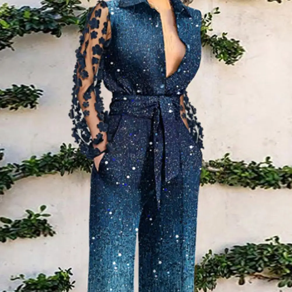 Flower Decor Net Yarn Sleeve Women Jumpsuit Turn-Down Collar Patchwork Color Belt Pockets Jumpsuit Streetwear