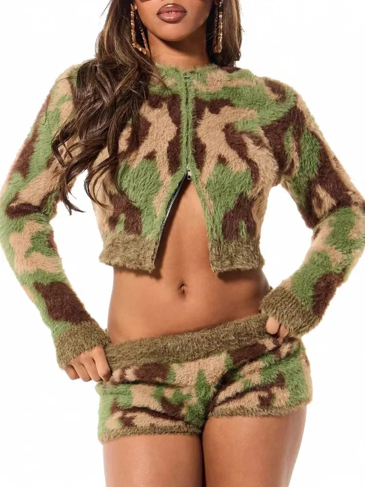 

Women's Spirng Autumn Knited 2 Two Pieces Sets Suit Camouflage Long Sleeve Zipper Tops And Shorts Pants Beach Holiday