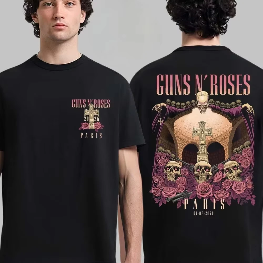 2026 Guns N Roses Paris Tour Skeleton Graphics Shirt Men's Cotton Y2k Rock Retro Hip Hop Women's  Breathable Tshirt