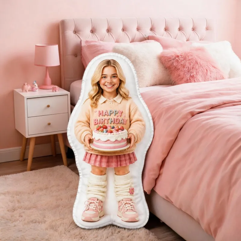 Custom Personalized Photo Shaped Pillow, Smiling Holding Birthday Cake Decorative Cushion, Unique Home Decor Accent for Sofa & B