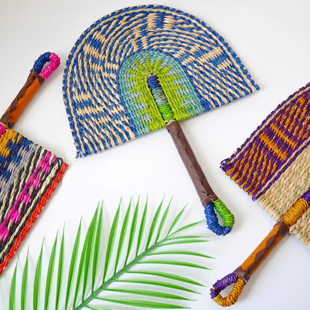 

Colorful Striped Patterns Seagrass Woven Fan Vintage Bohemian Hand Braided Fan Lightweight Anti-Mosquito