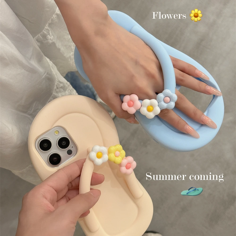 Cartoon Cute Flower Slipper Case for iPhone 15 14 13 12 Pro Max 15Pro Flip Flops Shoes Soft Liquid Silicone Shockproof Ins Cover