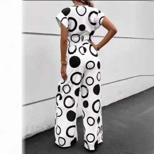 Women Printed Wide Leg Jumpsuits Casual Clothes Suit Fashion High Waist With Belt Elastic Loose Sleeveless Temperament Jumpsuit