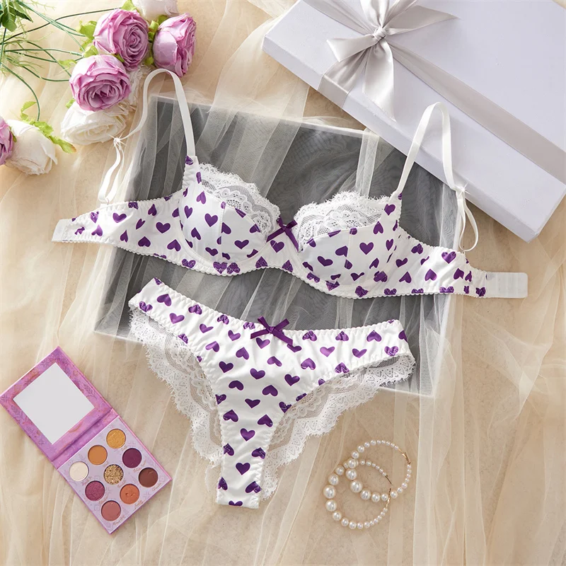 

Women Sexy Lingerie Heart Print Underwear Set Lace Splicing Erotic Lingerie Cute Bow Sexy Bras Comfortable Intimate Lingerie Set