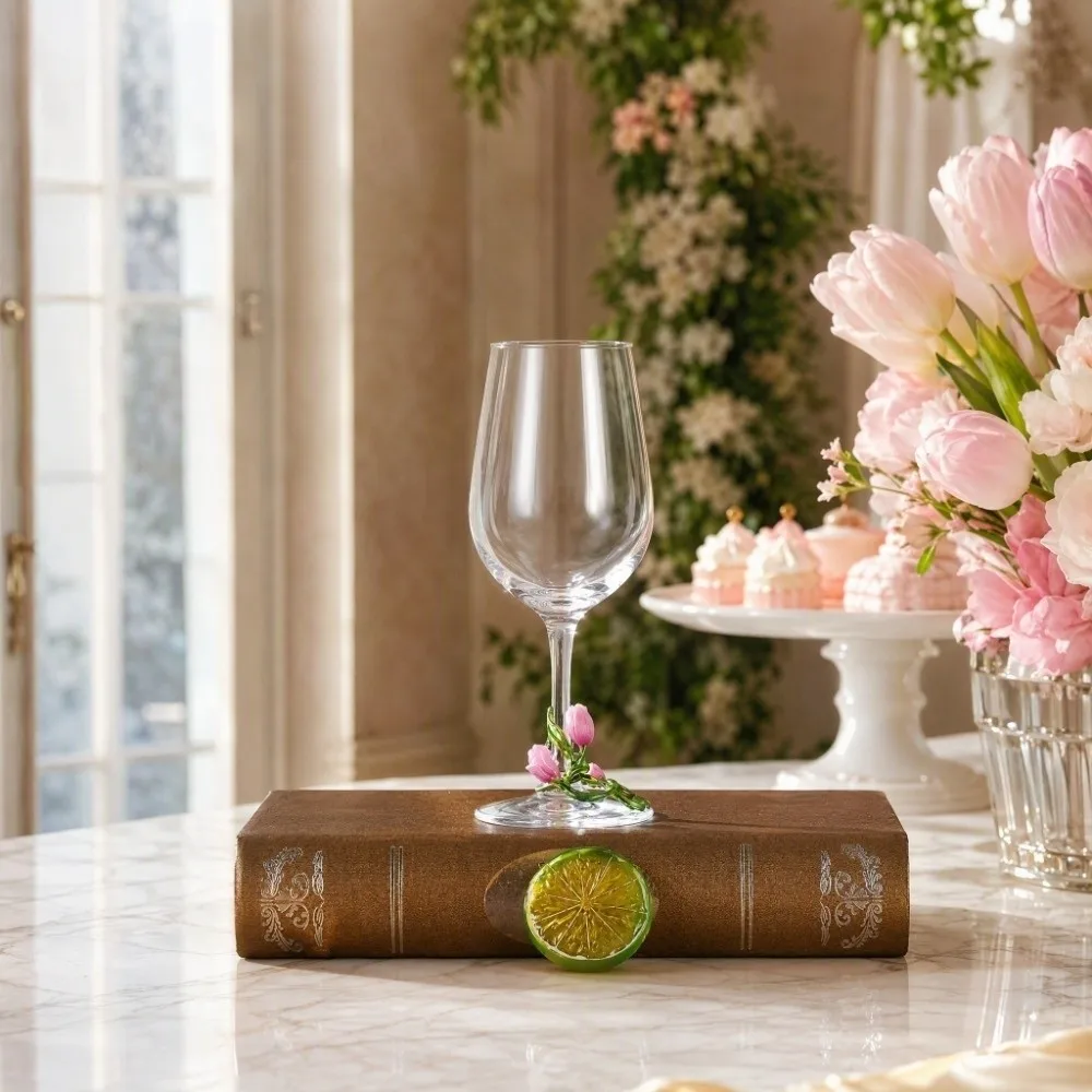 Decorative Tulip Floral Tulip Flower Wine Glass 350ML Elegant Clear Stemmed Cup Transparent 3D Creative Glass Goblet New Year