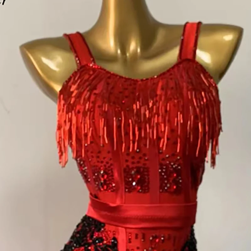 

Latin Dance Stage Women's High-end Custom Red Dress, Black Flower Waist Flower Samba Rhinestone Performance Dress