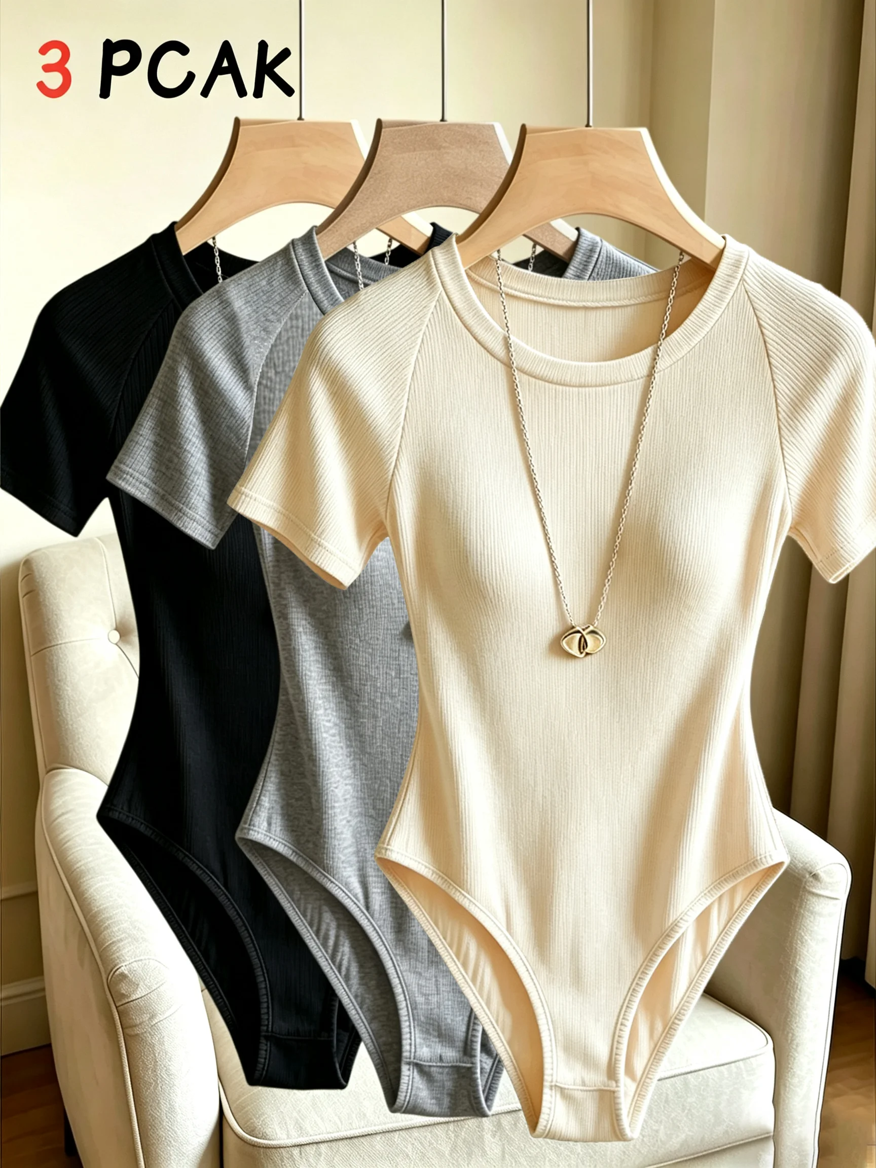 Women 3 Pack Round Neck Raglan Rib Knit Short Sleeve Fitted High Leg Bodysuit Basic Y2K Sexy Xmas Party Casual One Piece Top