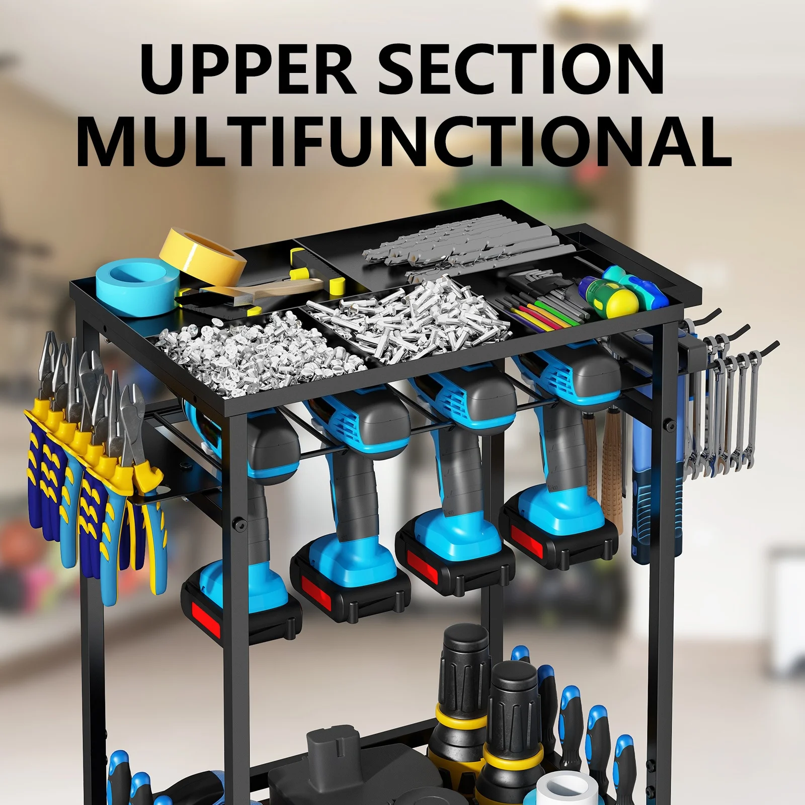 

Прочная металлическая тележка для хранения инструментов в гараже с колесами - многофункциональная стойка для хранения в мастерской для сверлильных машин и электроинструментов