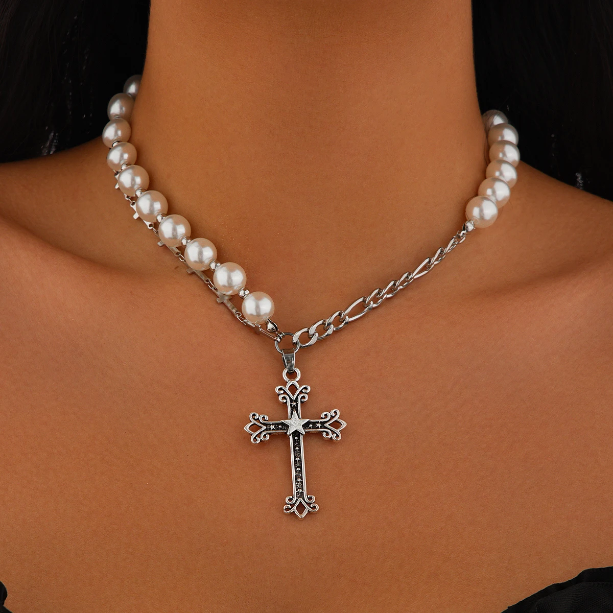 

Salircon Vintage Silver Color Pentagram Cross Pendant Necklace for Women Men Goth Imitation Pearl Chain Choker Neck Jewelry