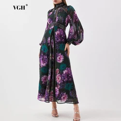 VGH Elegant Floral Printing Long Dressess For Women Stand Collar Lantern High Waist Spliceed Rivet Hollow Out Dress Female New