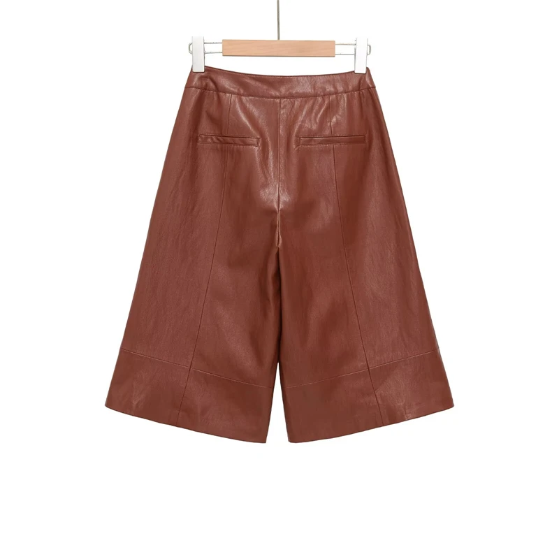 KEYANKETIAN 2026 Summer New Woman Retro Faux Leather Culottes High Waist Straight Leg Knee Length Brown Casual Pants Shorts