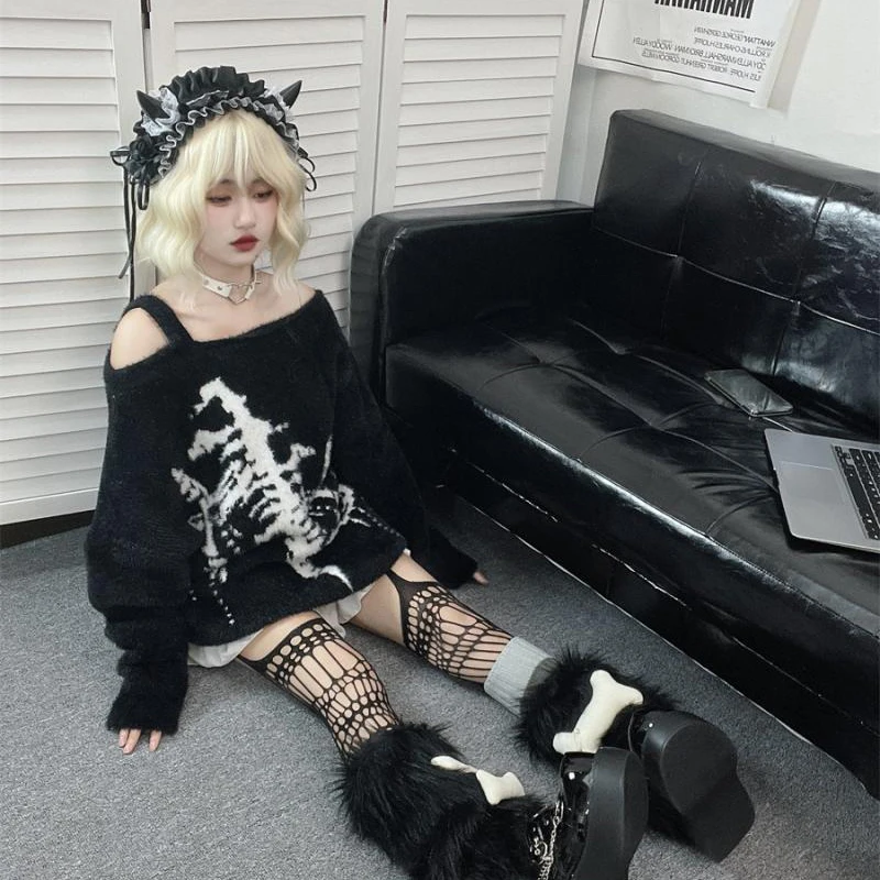 Subculture punk gothic Streetwear skull black off shoulder sweater female winter loose Harajuku y2k chic pullover knitted tops