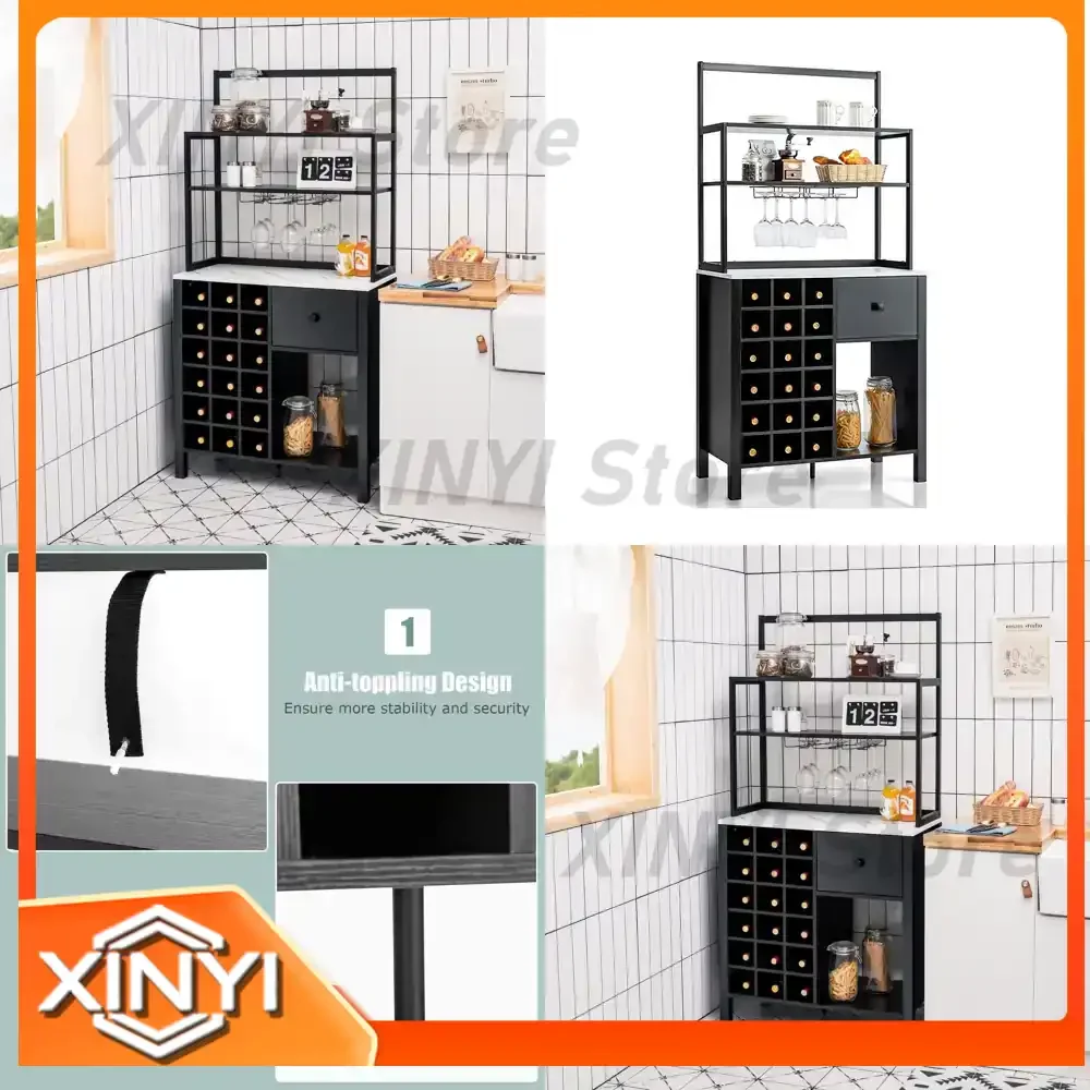 Wooden Wine Rack for 18 Bottles with 1 Drawer and Wine Glass Holder Compact Wine Cabinet for Small Spaces Living Room Storage