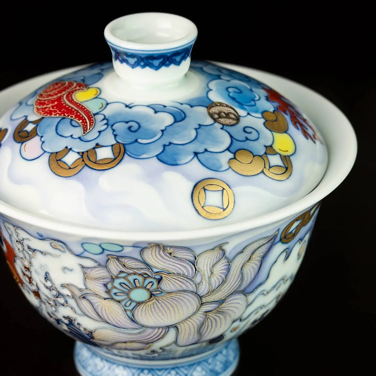 Xunzhen Tang/Original Blue And White Enamel Treasure Golden Toad Ceramic Jingdezhen Handmade Hand-Painted Gaiwan Tea Set Cup
