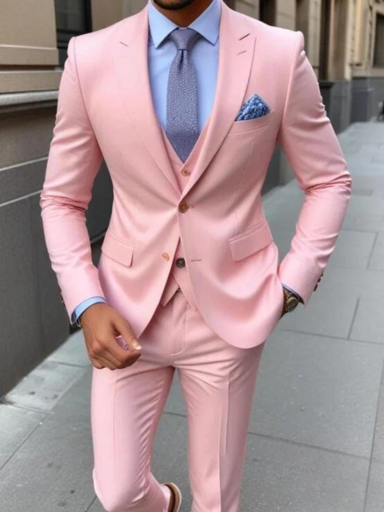 

New Pink Business Men Suit Groom Groomsman Wedding Party Prom Formal Occasion Male Tuxedos 3 Piece Set Blazer Vest Pants