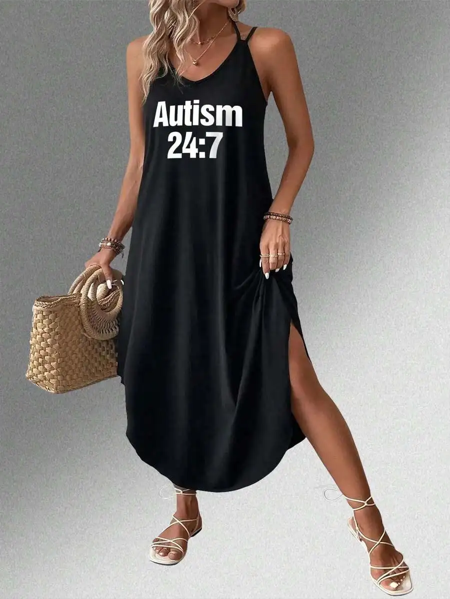 

Womens Autism 247 Print Sleeveless Slip Maxi Dress With Side Slit