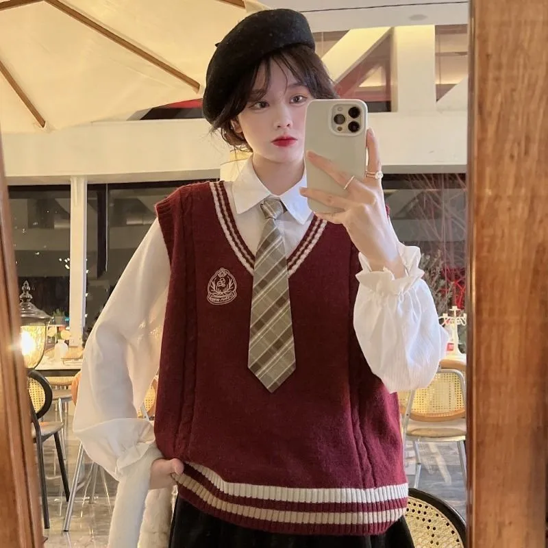 Spring Autumn Winter JK Uniform Japan Korean Preppy Style Knit Vest White Shirt with Tie Outfits High School Student Tops 2024