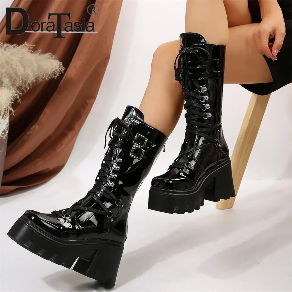 Brand New Ladies Platform Mid-Calf Boots Fashion Buckle Punk Chunky High Heels women's Boots Party Street Cross Tied Woman Shoes