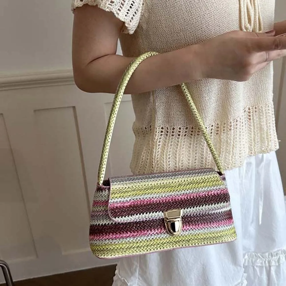 Colorful Pattern Underarm Bag Lightweight Luxury Design Woven Handbag All Match Trendy Style Knit Shoulder Casual Walking