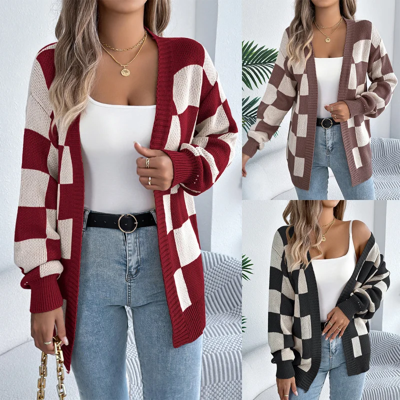 

2025 Woman clothing Cardigan Autumn Winter Color Block Checked Lantern Sleeve jacket Cardigan Sweater Mid Length Coat