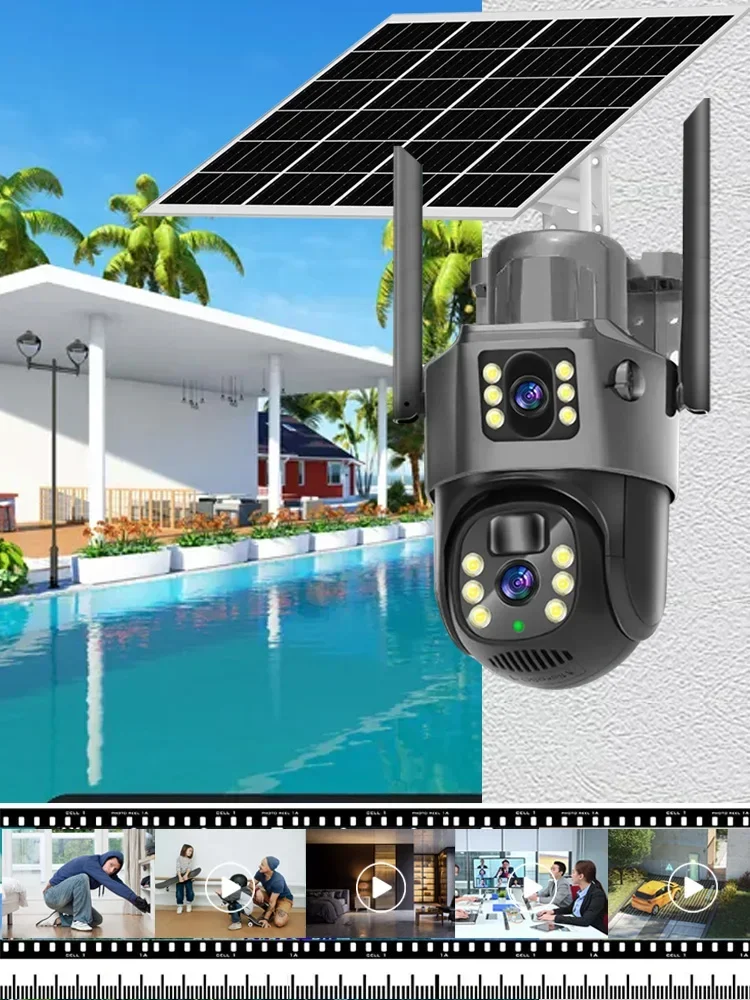 4G Solar PTZ Drahtlose Kamera für Außenbereich mit Doppellinse 8MP 4K IP-Kamera Solarpanel CCTV-Sicherheit Eingebauter Akku PIR-Kamera