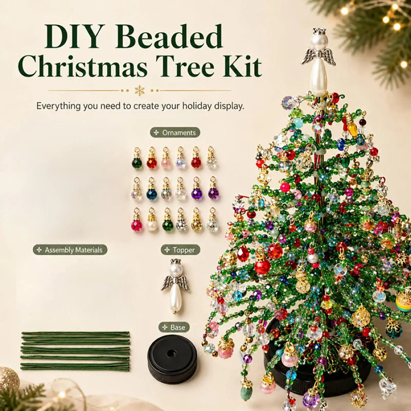 Miniature Beaded Christmas Tree Kit DIY Craft Tabletop Holiday Decoration Elegant Beading Art for Home Office Party Decor