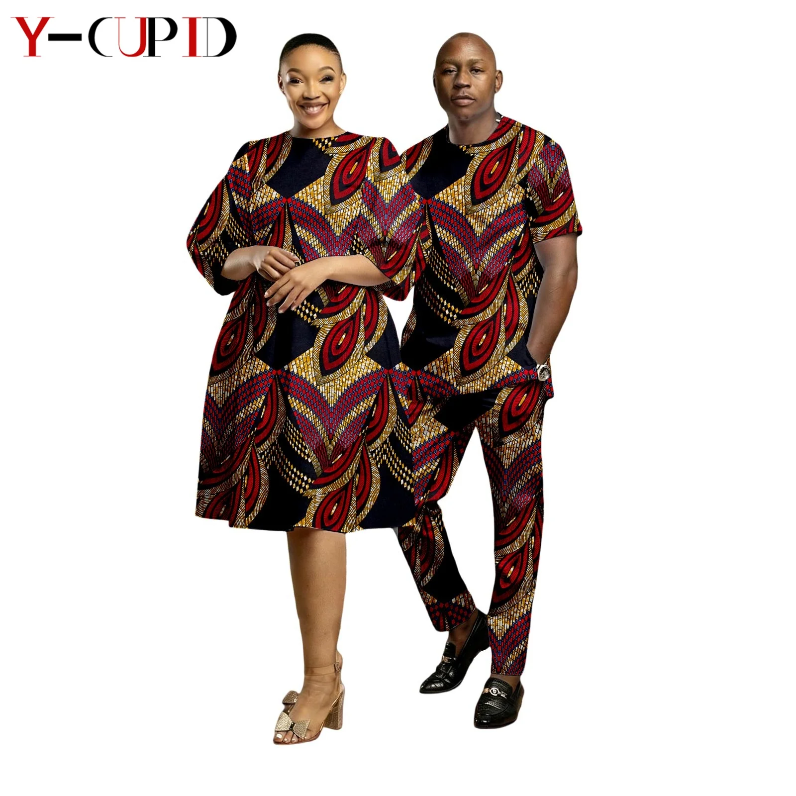 

African Print Knee-length Dresses for Women Matching Couple Clothes Dashiki Men Ankara Top Tee and Pant Sets for Party 26C016