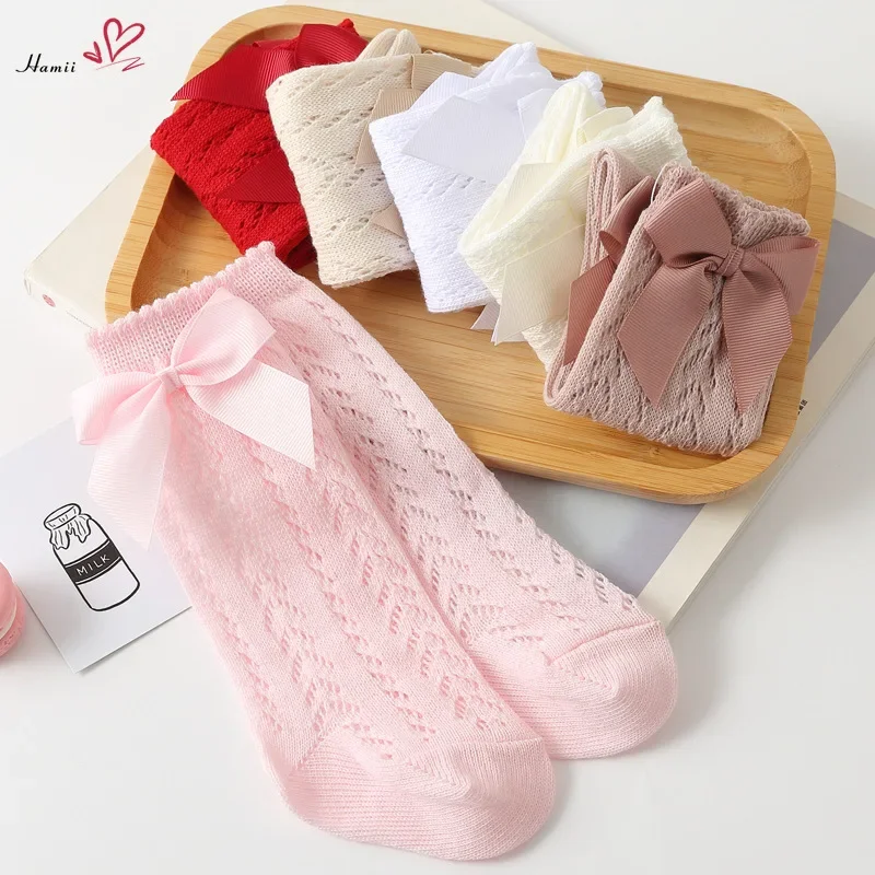 Summer Baby Girls Socks Toddlers Bow Long Sock Kids Knee High Soft Cotton Mesh Spanish Style Hollow Out Lace Stocking 0-12Months