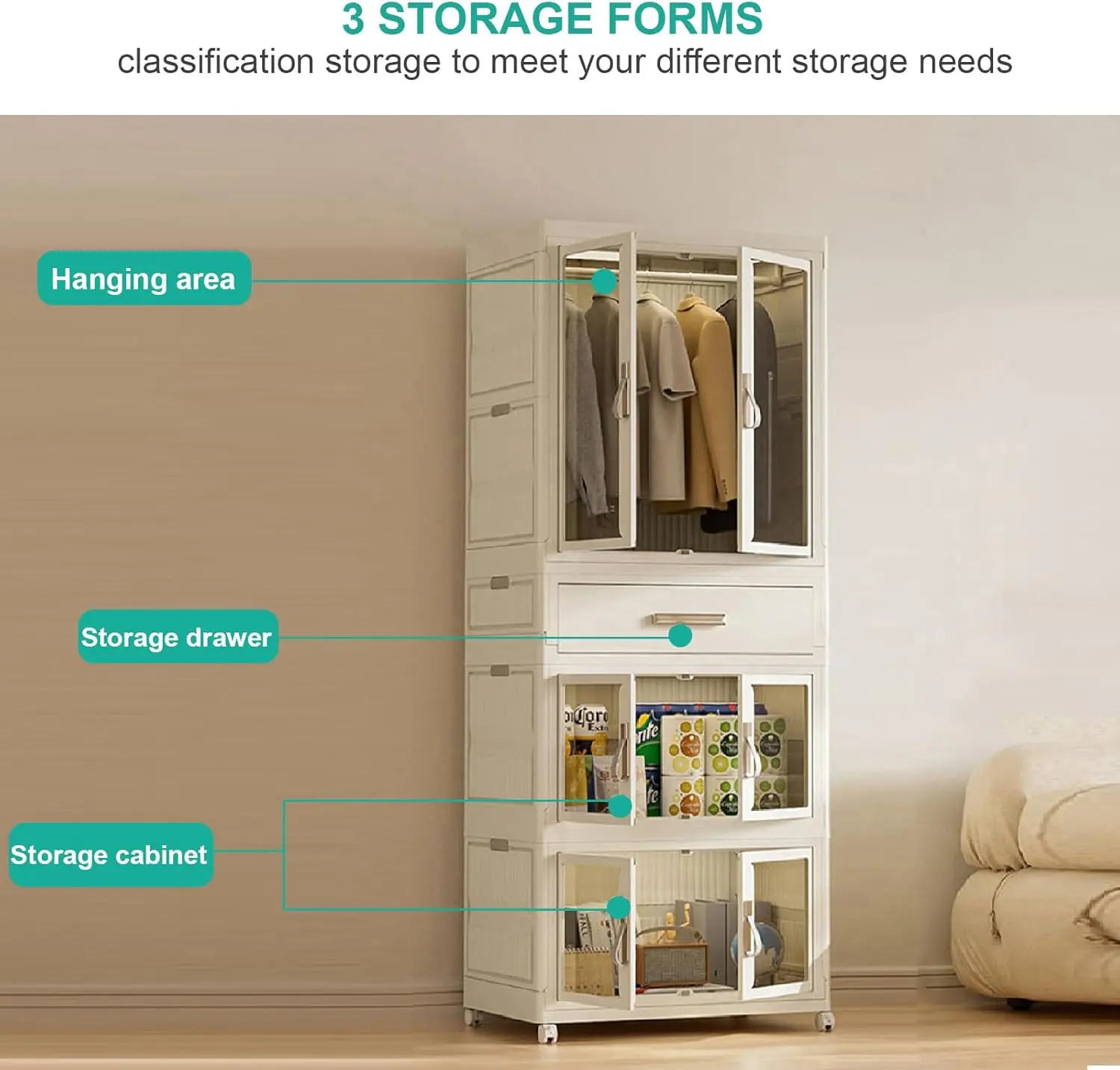 , Plastic Closet Organizer with Hanging Rod, Collapsible Wardrobe Closet Storage Cabinet for Bedroom, Easy