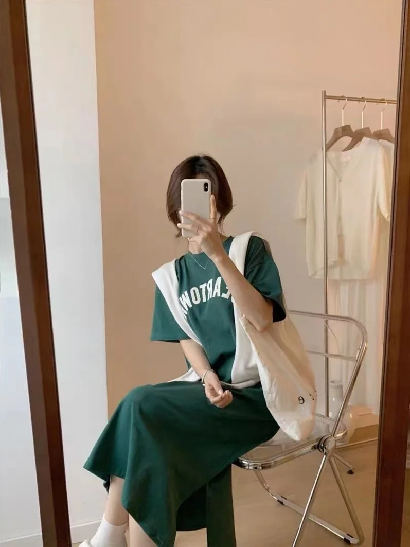 Summer New Korean Style Loose Midi Large Size Lazy T-Shirt Dress Lazy Design Sense Dress Can Be Worn outside Home Clothes