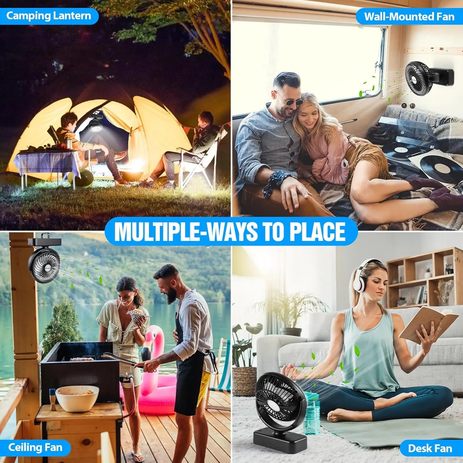 Rechargeable Camping Fan with LED Light - 40H Battery, Hanging Hook for Tent Car RV Emergency