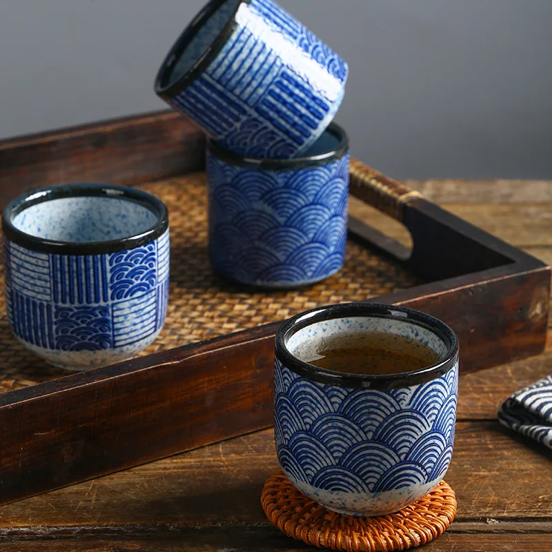 Japanese Style Ceramic Cup Hand-Painted Wave Ceramic Coffee Cups Wholesale Kiln Water Teacup Tableware Restaurant