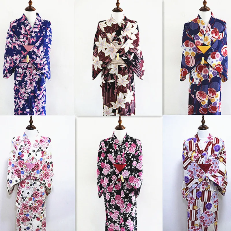 Japanese Kimono Women's Summer Yukata Cotton Retro Formal Long Dress Travel Photography Wear Cosplay Costume 4pcs Set