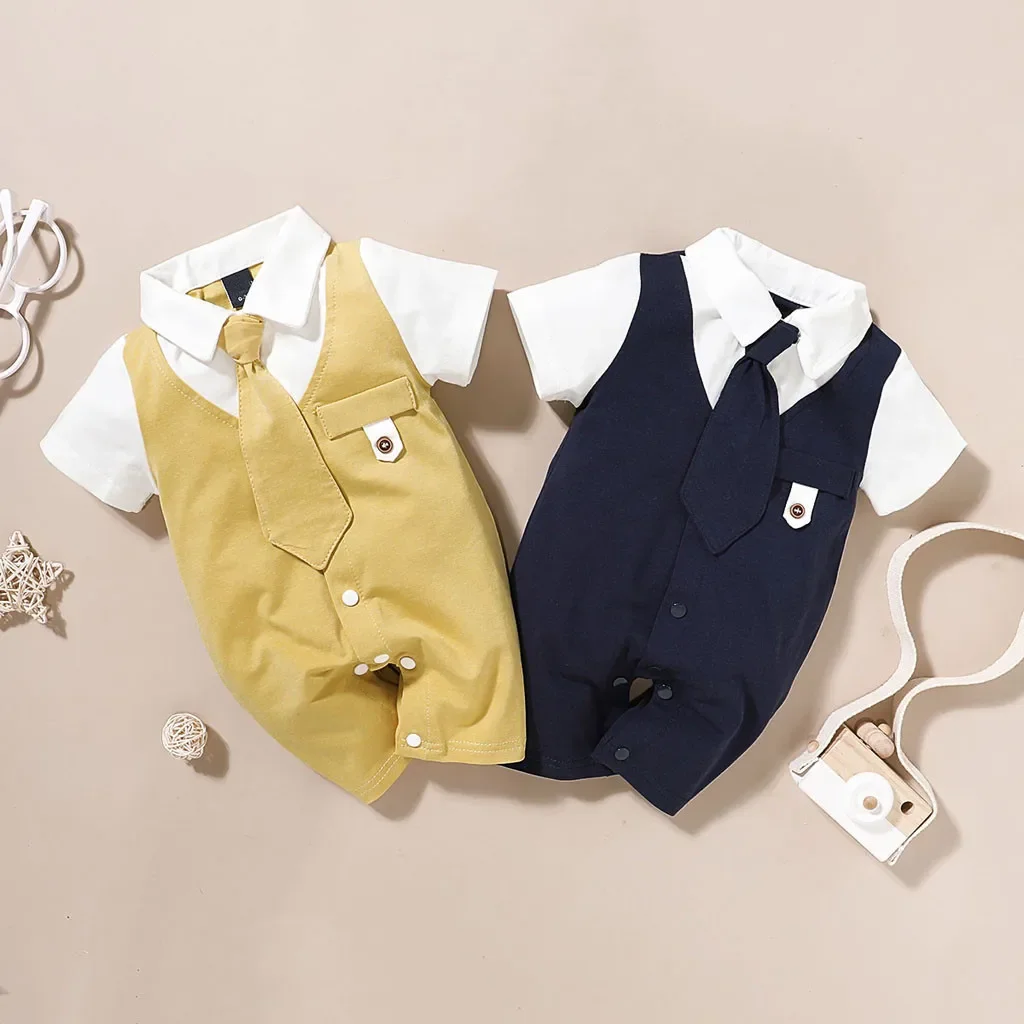 

Autumn Infant Baby Boys Girls Romper Jumpsuit Gentleman Tie Short Sleeve Solid Newborn Kids Bodysuit Baby Clothes 0-18 Months