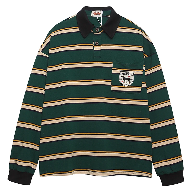 

Men's Striped Long Sleeve Rugby Shirt Polo Collar Patchwork Pullover Casual Loose Fit Tops Vintage Streetwear 90s Style Clothing