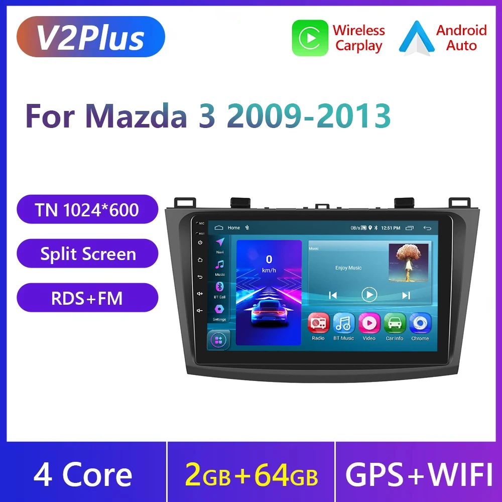 Podofo 9 inch draadloze Carplay Android Auto autoradio voor Mazda 3 2009-2013 auto intelligente systemen 2din multimediaspeler