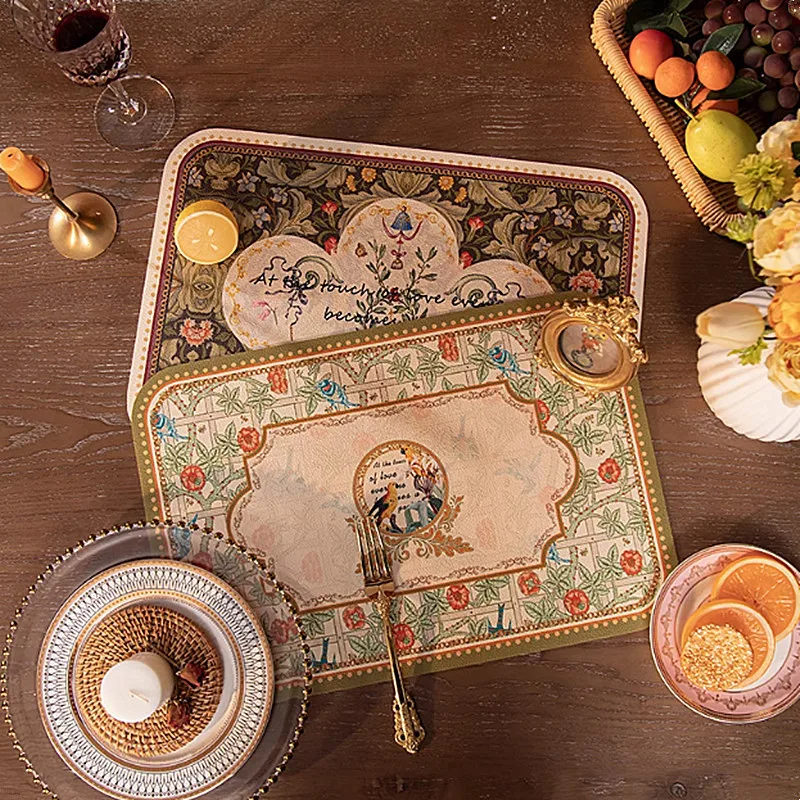 Vintage Floral Prairie Chic Leather Placemat,Waterproof Oil Resistant Heat-insulating Mat,LightLuxury American English Table Mat