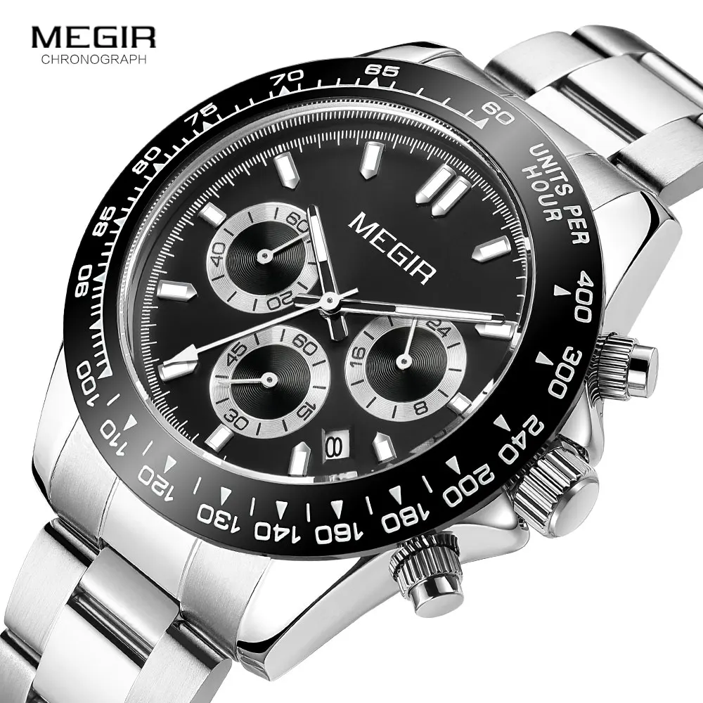 MEGIR Fashion Quartz Watches for Men Top Brand Luxury Chronograph Watch with Stainless Steel Strap Waterproof 24-hour Wristwatch