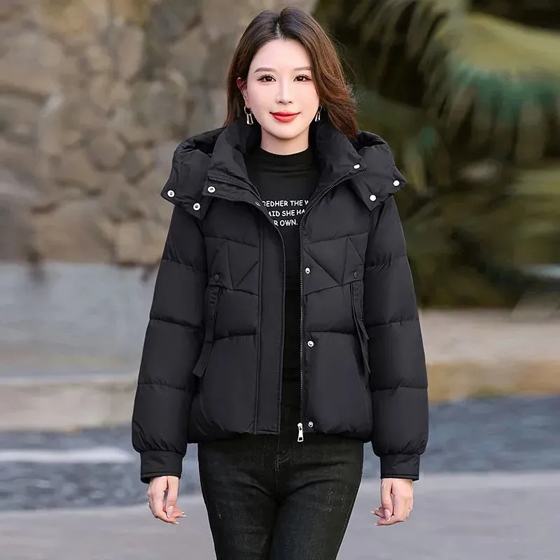 ファッションショート厚手暖かいパッド入りコート女性用パーカー冬2026新作韓国風フード付きダウンコットンジャケットレディースゆったりアウターウェアT1619